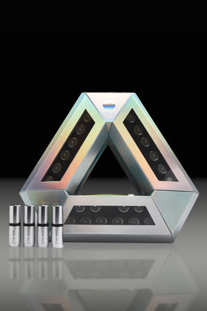 Allies of Skin holographic triangle ampoule box with four silver The Drop vials on reflective surface, collection mobile banner