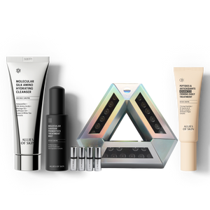 The Allies of Skin cleanser, mist, ampoules, and moisturizer alongside one another in a bundle. 